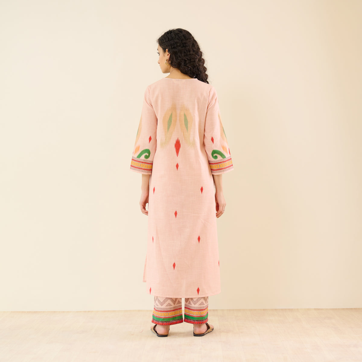 Loomlight Slub Cotton Ikat Inspired Kurta Set - Peach