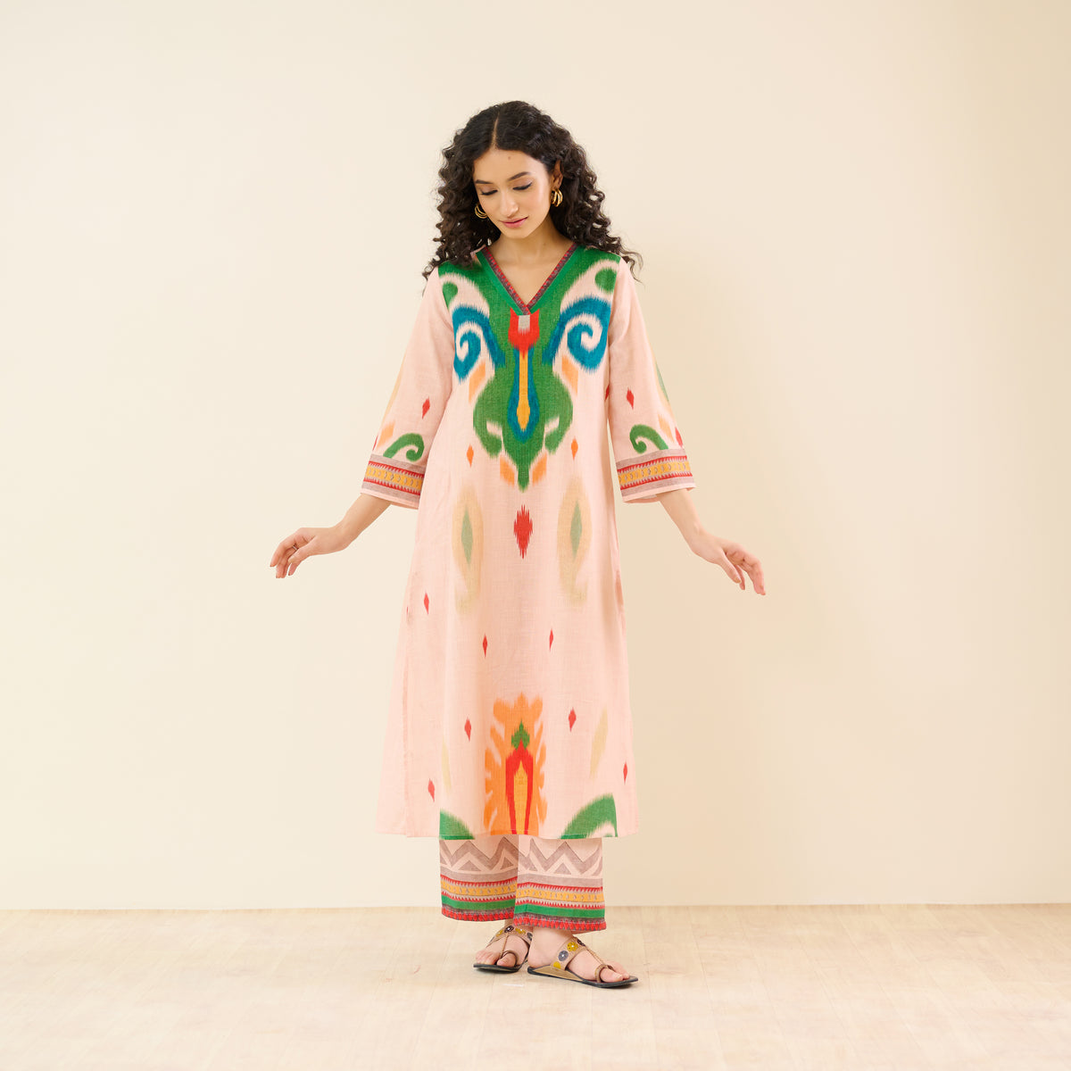 Loomlight Slub Cotton Ikat Inspired Kurta Set - Peach