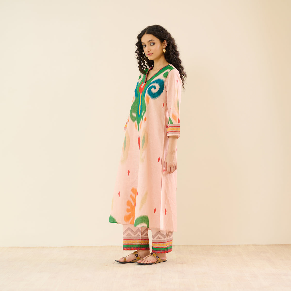 Loomlight Slub Cotton Ikat Inspired Kurta Set - Peach