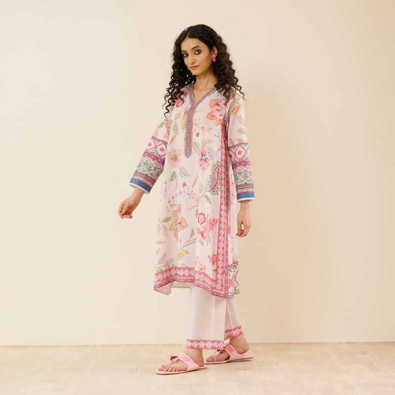 In Full Bloom Slub Cotton Kurta Set - Off White