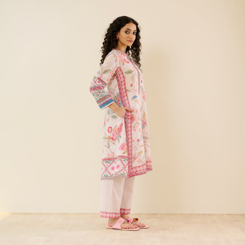 In Full Bloom Slub Cotton Kurta Set - Off White