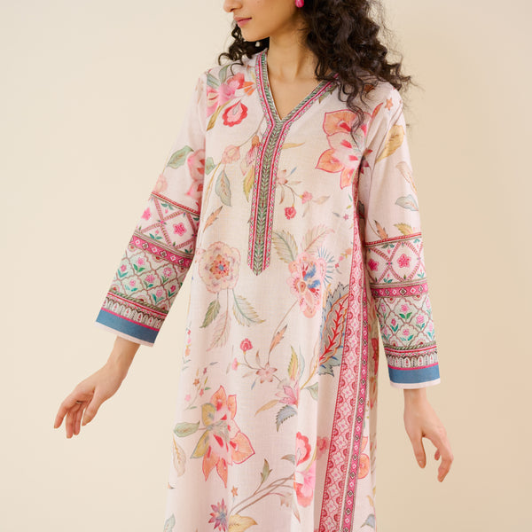 In Full Bloom Slub Cotton Kurta Set - Off White