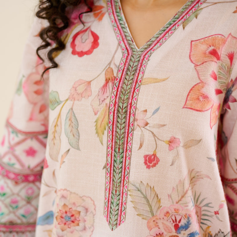 In Full Bloom Slub Cotton Kurta Set - Off White