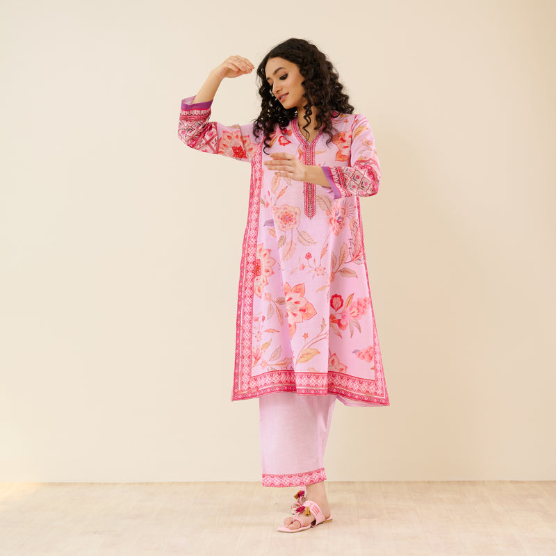 In Full Bloom Slub Cotton Kurta Set - Lavender
