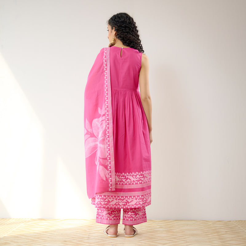 Daisy Cotton Kurta Set with Dupatta - Pink