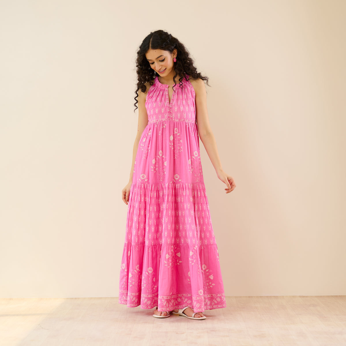 Sanganeri Cotton Tiered Dress - Baby Pink