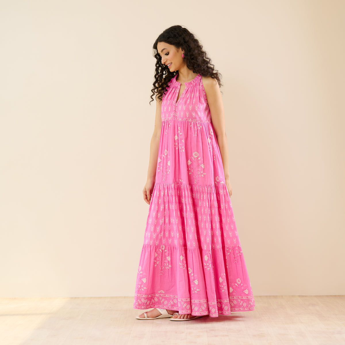 Sanganeri Cotton Tiered Dress - Baby Pink