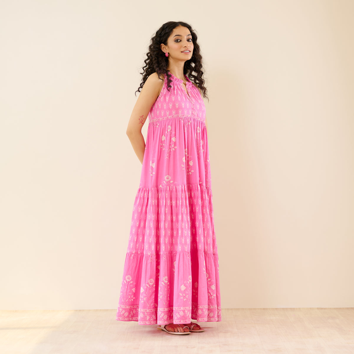 Sanganeri Cotton Tiered Dress - Baby Pink