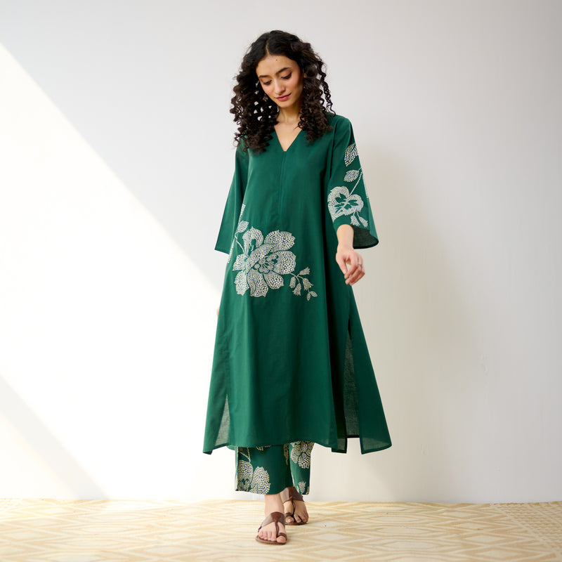 Meadow Patchwork Cotton Kurta Set - Emerald Green