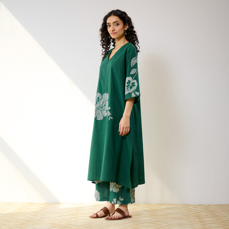 Meadow Patchwork Cotton Kurta Set - Emerald Green