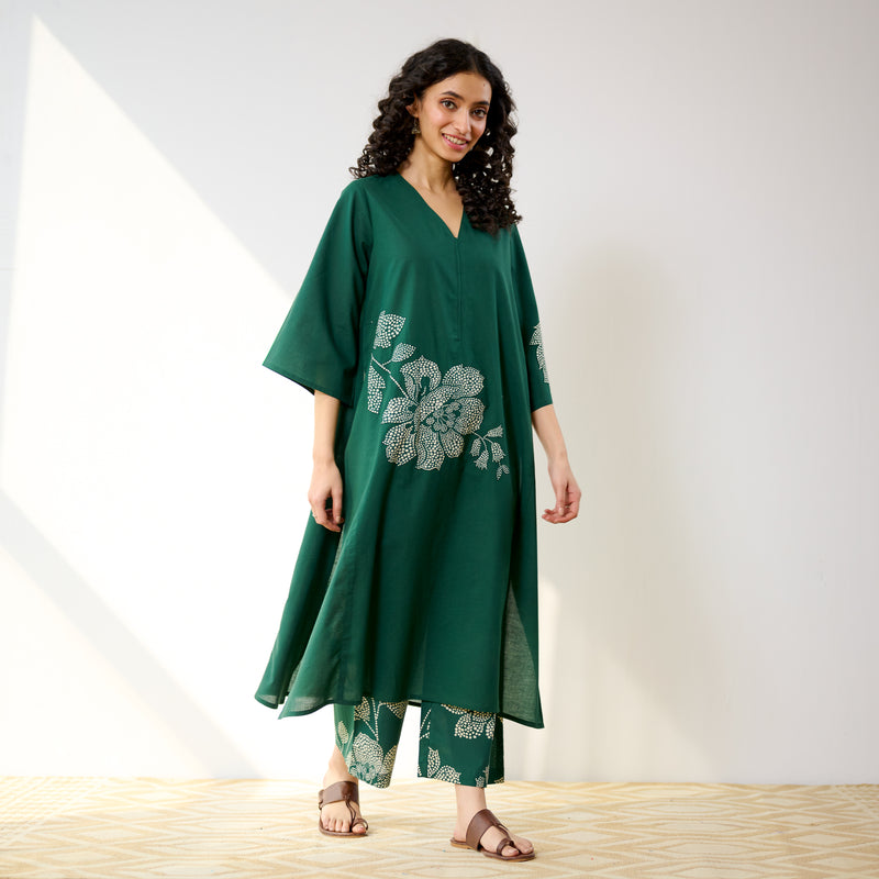 Meadow Patchwork Cotton Kurta Set - Emerald Green