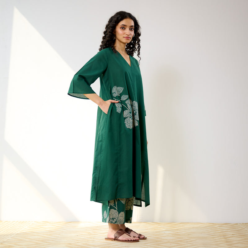 Meadow Patchwork Cotton Kurta Set - Emerald Green