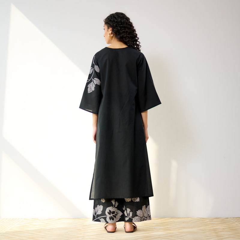 Meadow Patchwork Cotton Kurta Set - Black