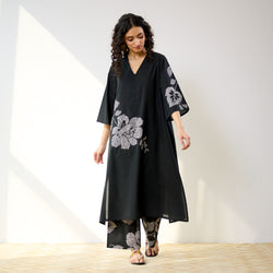 Meadow Patchwork Cotton Kurta Set - Black