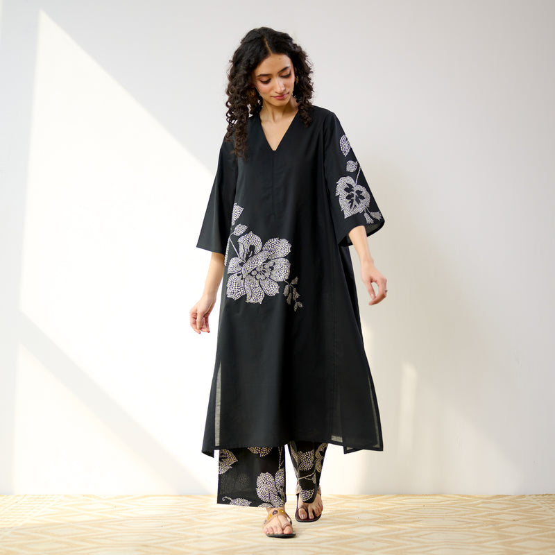 Meadow Patchwork Cotton Kurta Set - Black
