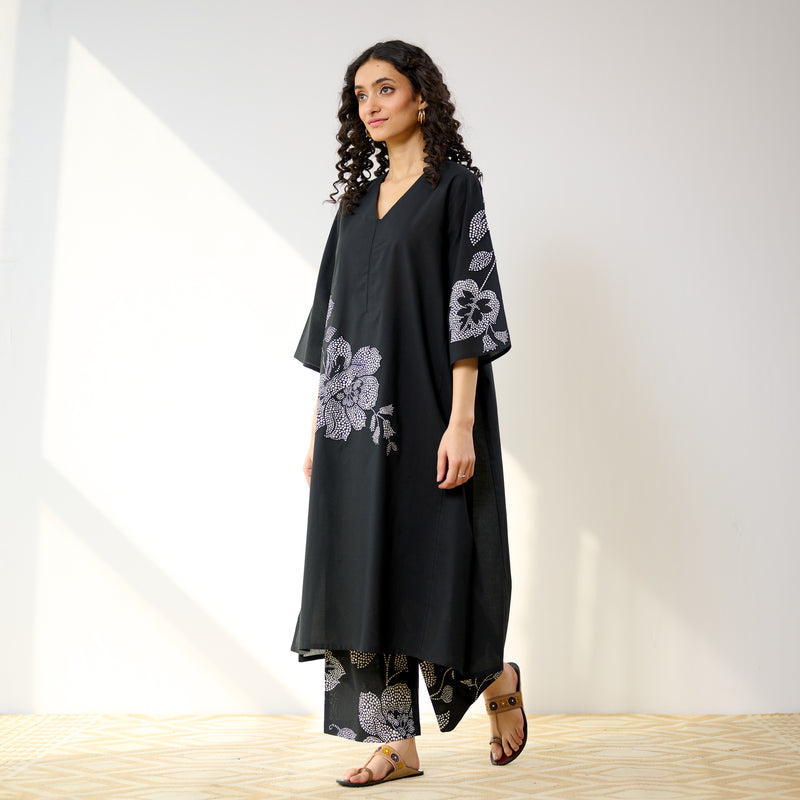 Meadow Patchwork Cotton Kurta Set - Black