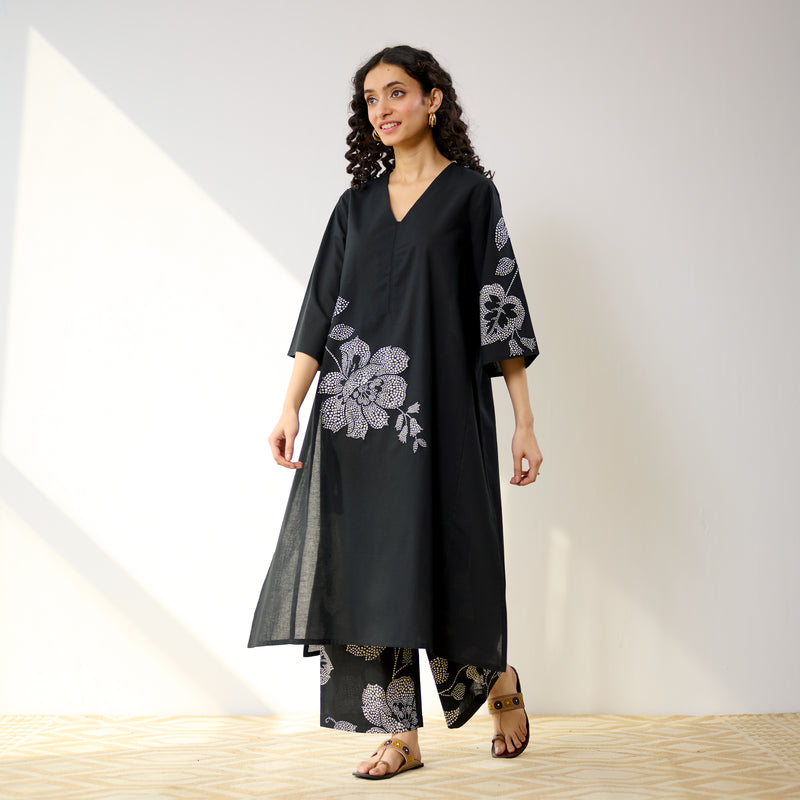Meadow Patchwork Cotton Kurta Set - Black