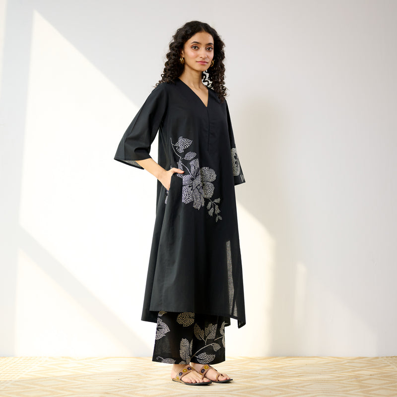 Meadow Patchwork Cotton Kurta Set - Black