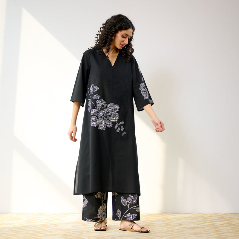 Meadow Patchwork Cotton Kurta Set - Black