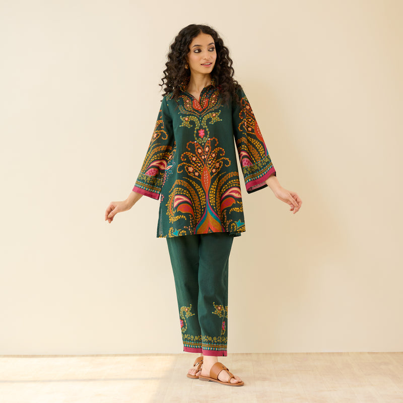 Kashira Slub Cotton Co-ord Set - Forest Green