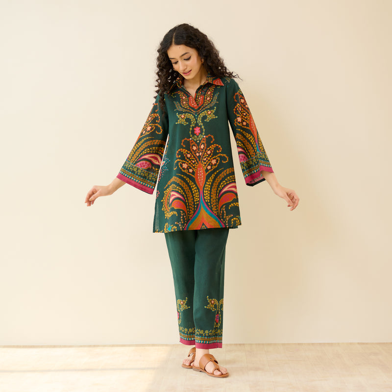 Kashira Slub Cotton Co-ord Set - Forest Green