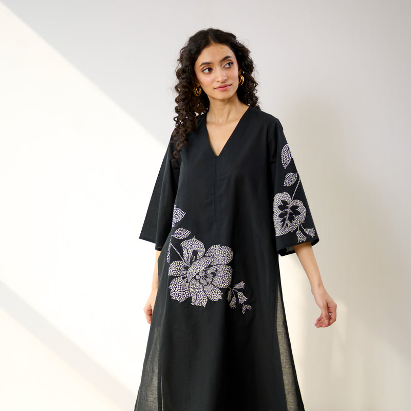 Meadow Patchwork Cotton Kurta Set - Black