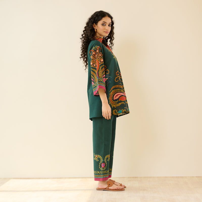 Kashira Slub Cotton Co-ord Set - Forest Green