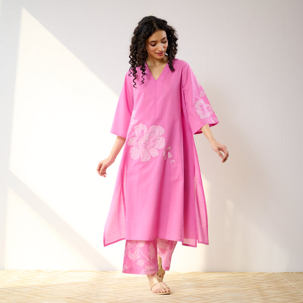 Meadow Patchwork Cotton Kurta Set - Pink