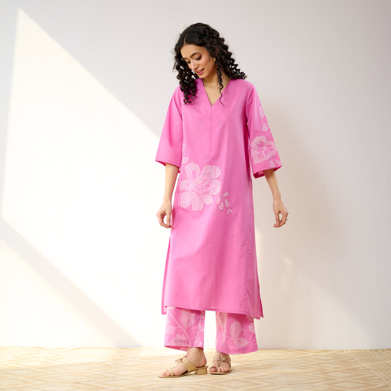 Meadow Patchwork Cotton Kurta Set - Pink