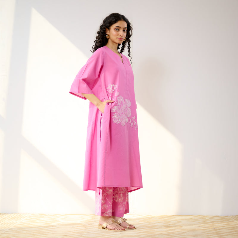 Meadow Patchwork Cotton Kurta Set - Pink