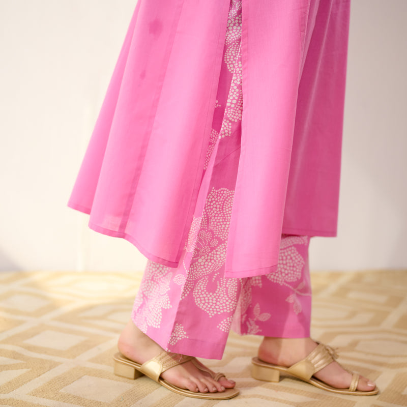 Meadow Patchwork Cotton Kurta Set - Pink