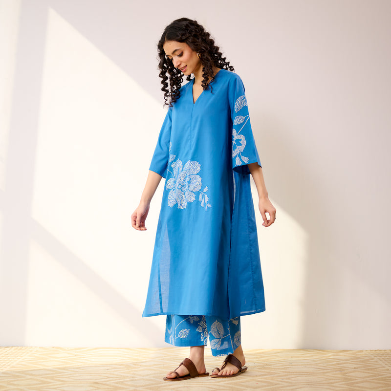 Meadow Patchwork Cotton Kurta Set - Electric Blue