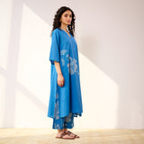 Meadow Patchwork Cotton Kurta Set - Electric Blue