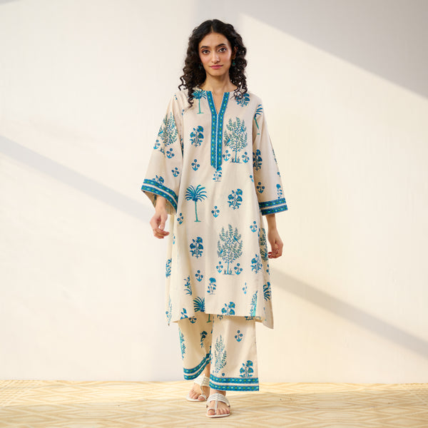 Mehfil Cotton Printed Co-ord Set - Off White Monotone
