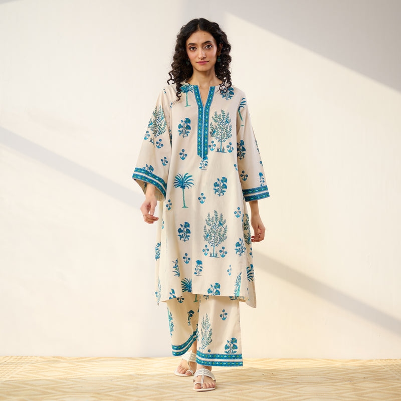 Mehfil Cotton Printed Co-ord Set - Off White Monotone