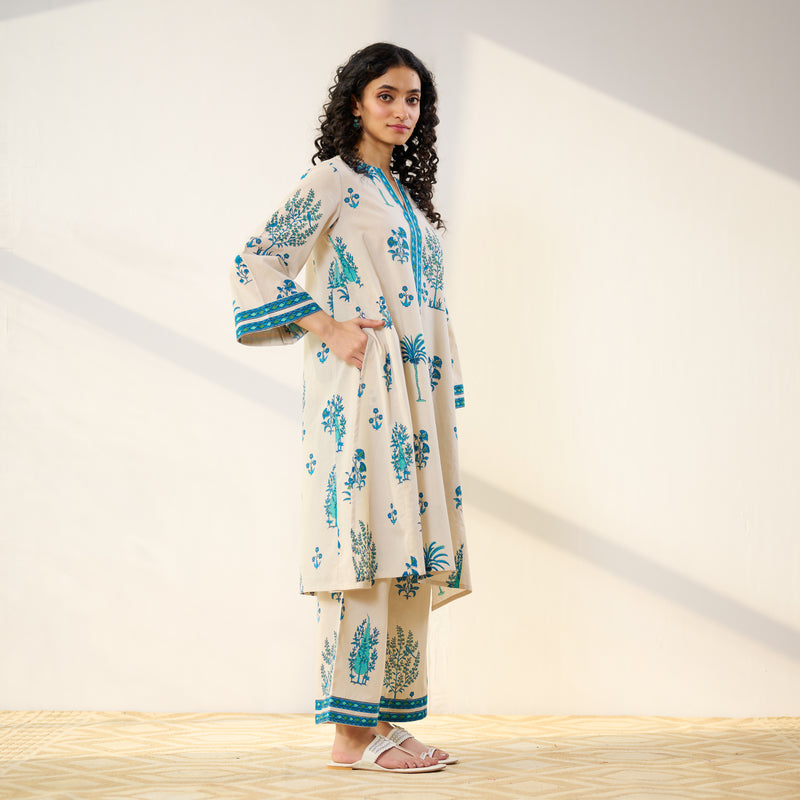 Mehfil Cotton Printed Co-ord Set - Off White Monotone