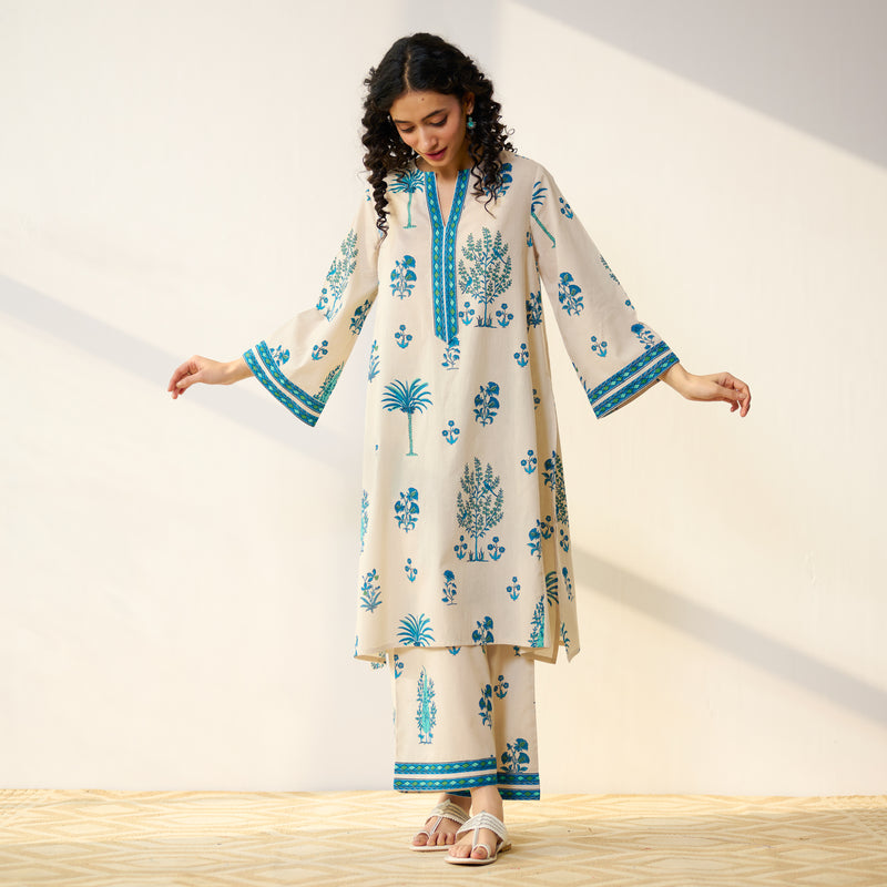 Mehfil Cotton Printed Co-ord Set - Off White Monotone