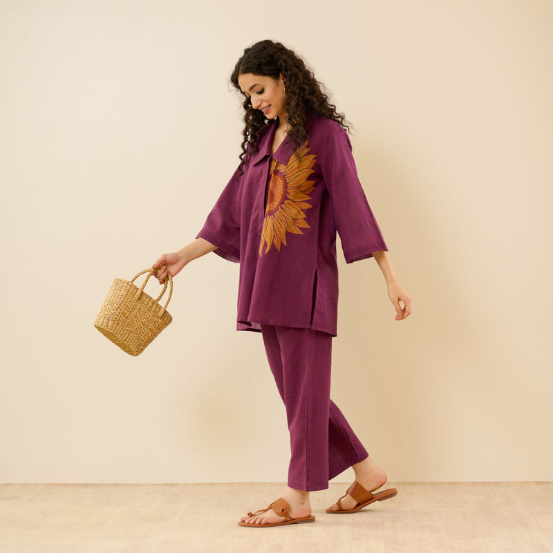 Sunflower Slub Cotton Co-ord Set - Burgundy