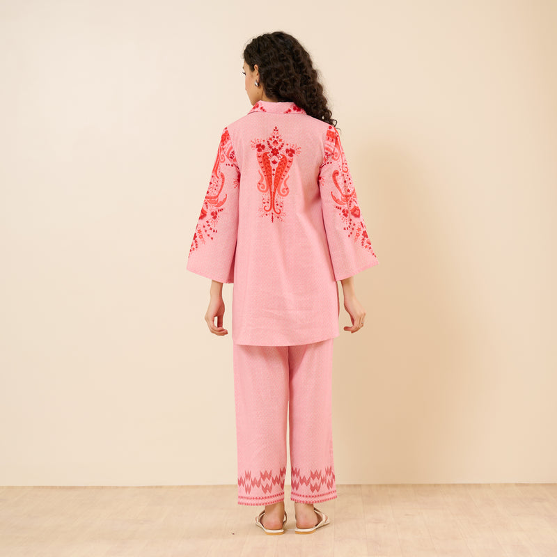Paisley Slub Cotton Co-ord Set - Peach
