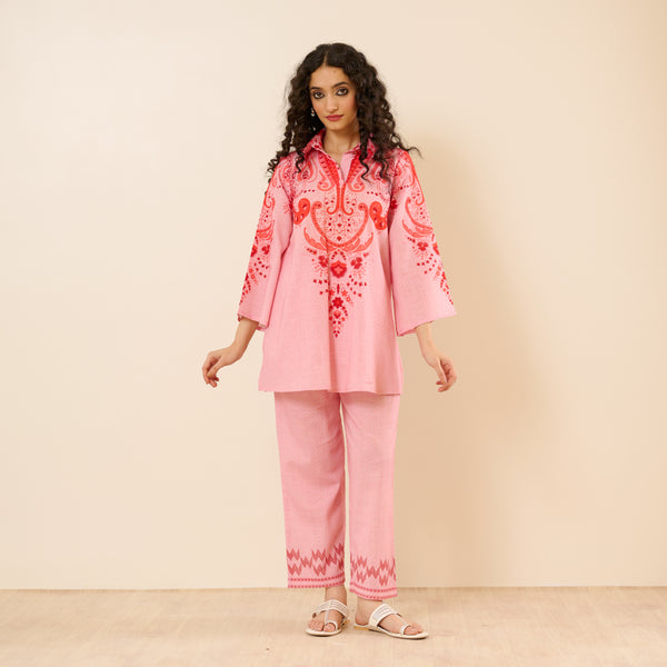 Paisley Slub Cotton Co-ord Set - Peach