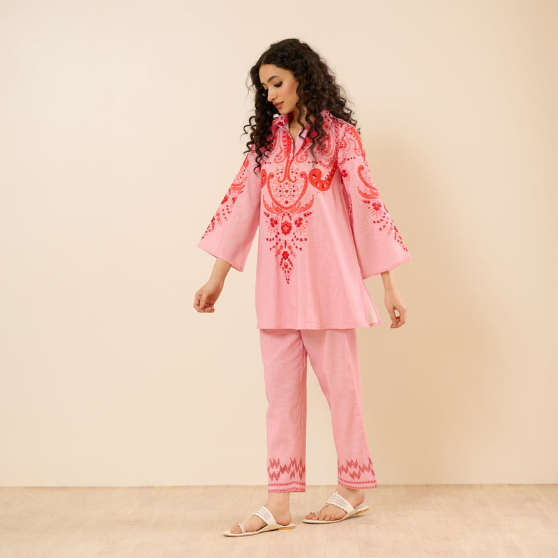 Paisley Slub Cotton Co-ord Set - Peach
