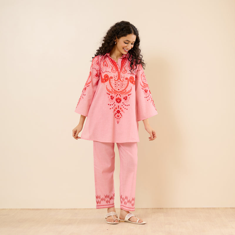 Paisley Slub Cotton Co-ord Set - Peach