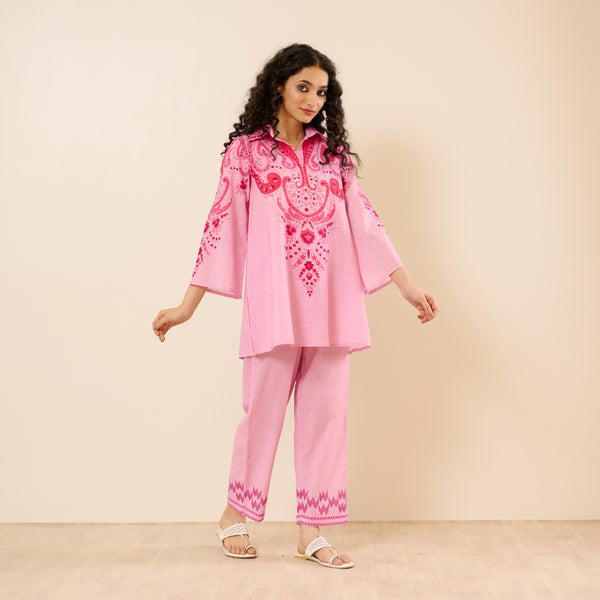 Paisley Slub Cotton Co-ord Set - Pink