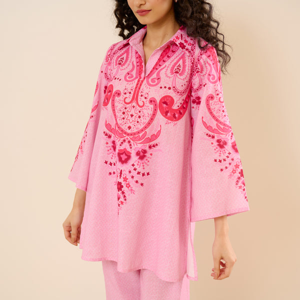 Paisley Slub Cotton Co-ord Set - Pink