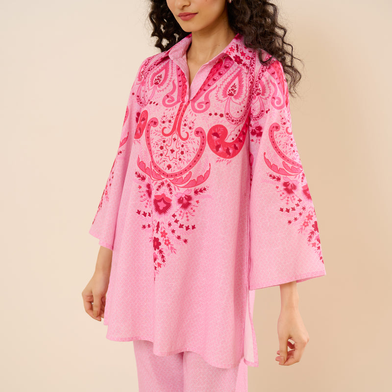 Paisley Slub Cotton Co-ord Set - Pink