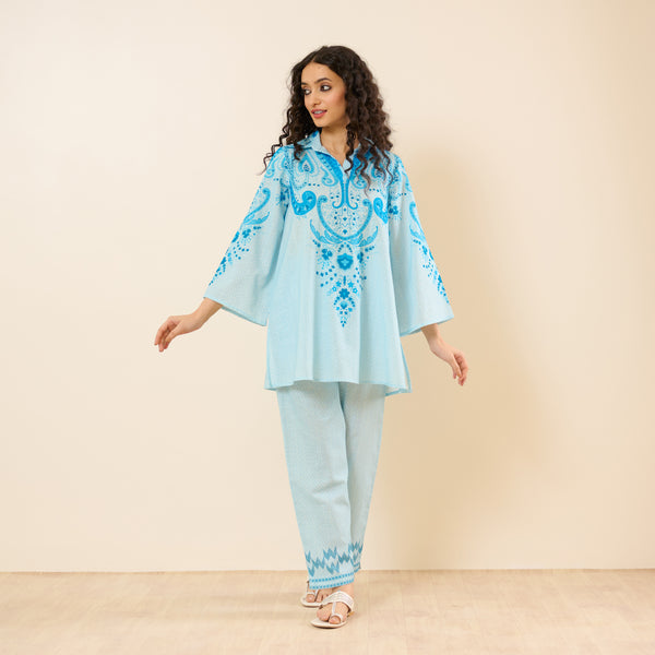 Paisley Slub Cotton Co-ord Set - Sky Blue