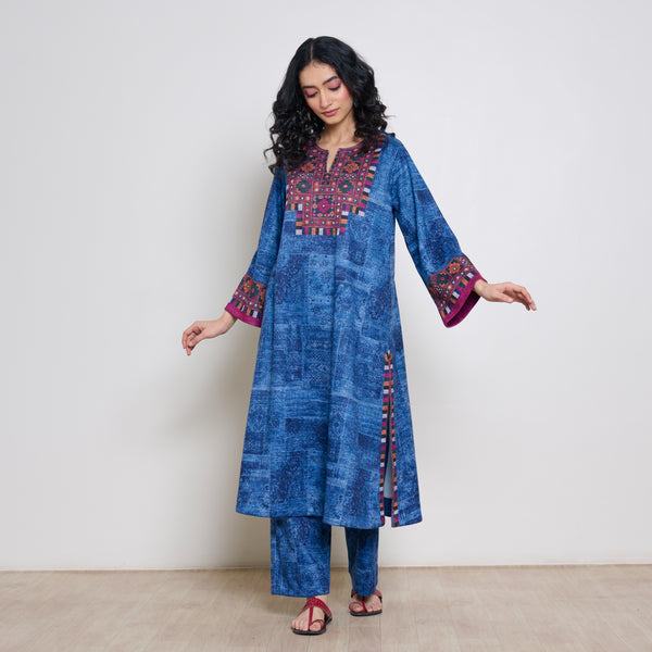 Banjara Woollen Hand Embroidered Kurta Set - Cobalt