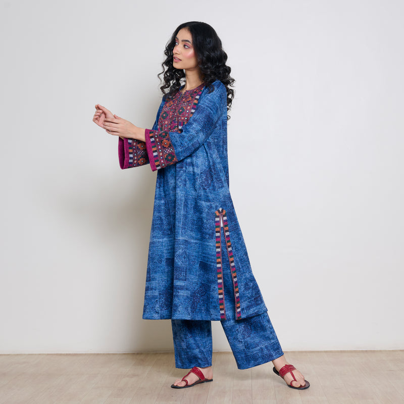 Banjara Woollen Hand Embroidered Kurta Set - Cobalt