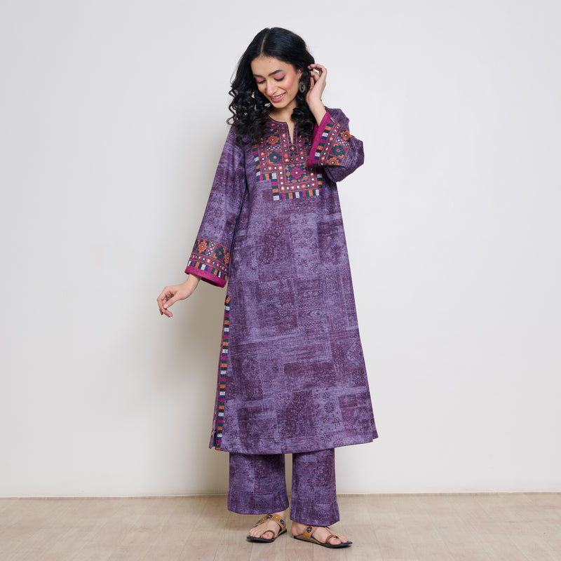 Banjara Woollen Hand Embroidered Kurta Set - Cherry Lacquer