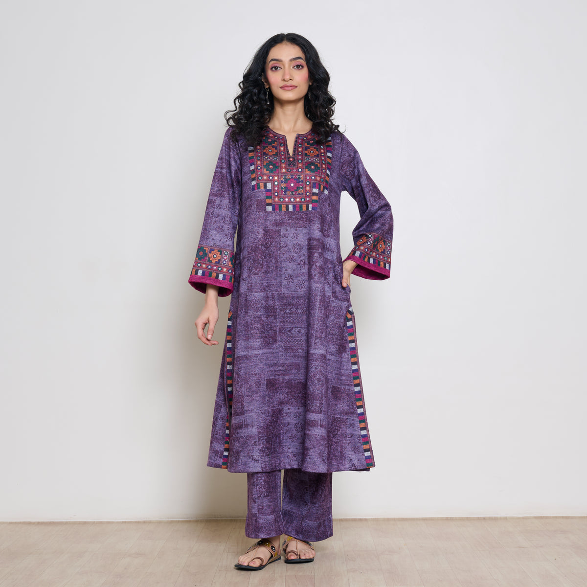 Banjara Woollen Hand Embroidered Kurta Set - Cherry Lacquer